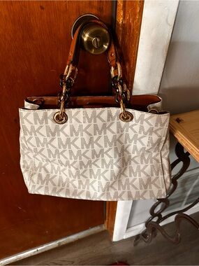 Michael Kors Cream and Brown MK Logo Tote with Chain-Link Handles